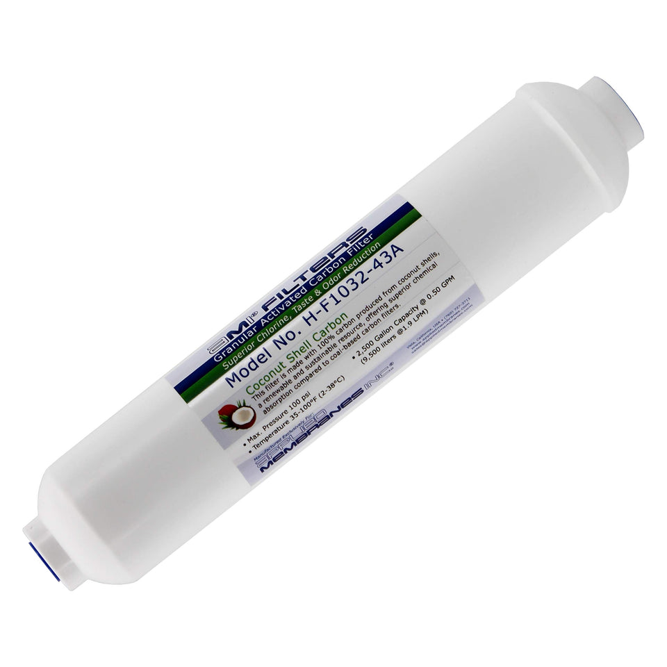 APPLIED MEMBRANES inline carbon water filter 10-inch showing compact housing for improved taste and odor reduction.