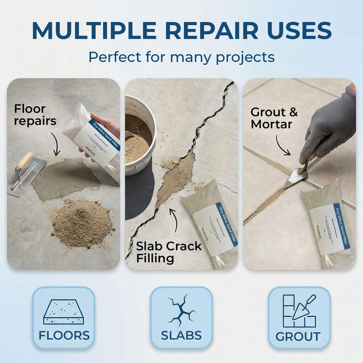 Applied Technologies dry silica sand filler floor leveling texture for thicker repairs.