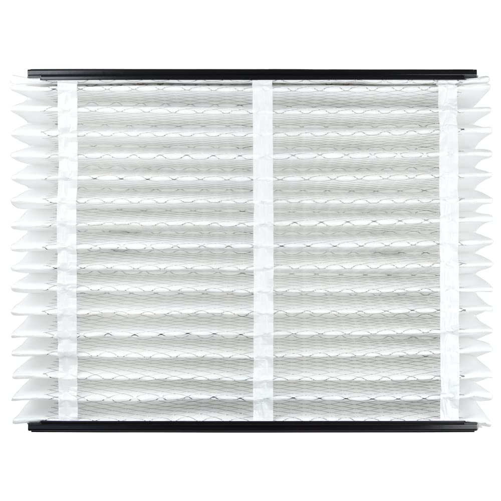 Aprilaire 110 MERV 11 filter media closeup shows pleated filtration fibers.