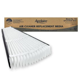 Aprilaire 110 MERV 11 replacement filter packaging highlights quick replacement details.