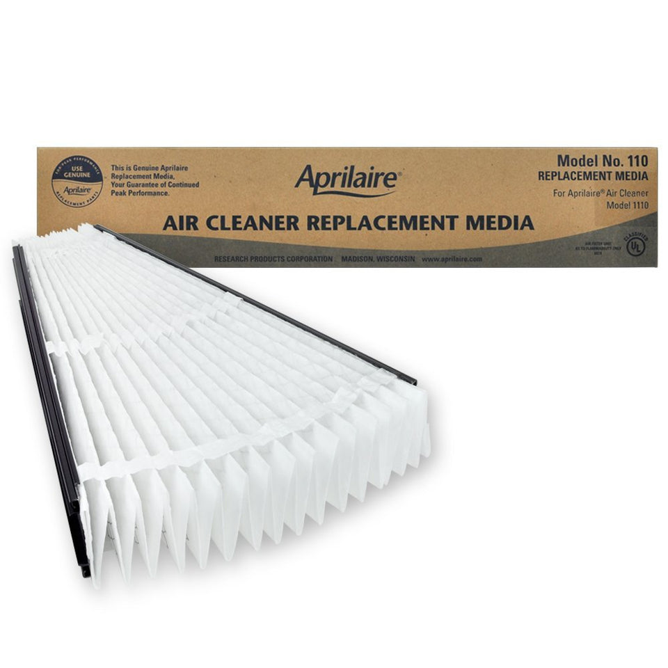 Aprilaire 110 MERV 11 replacement filter packaging highlights quick replacement details.