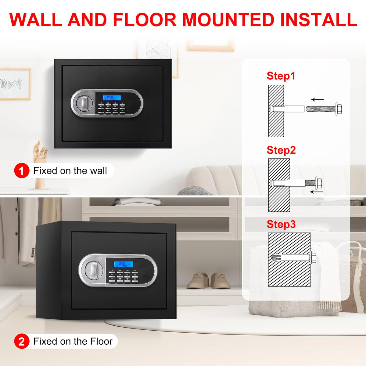 Aprxuvot wall-mount holes; secure floor or wall installation