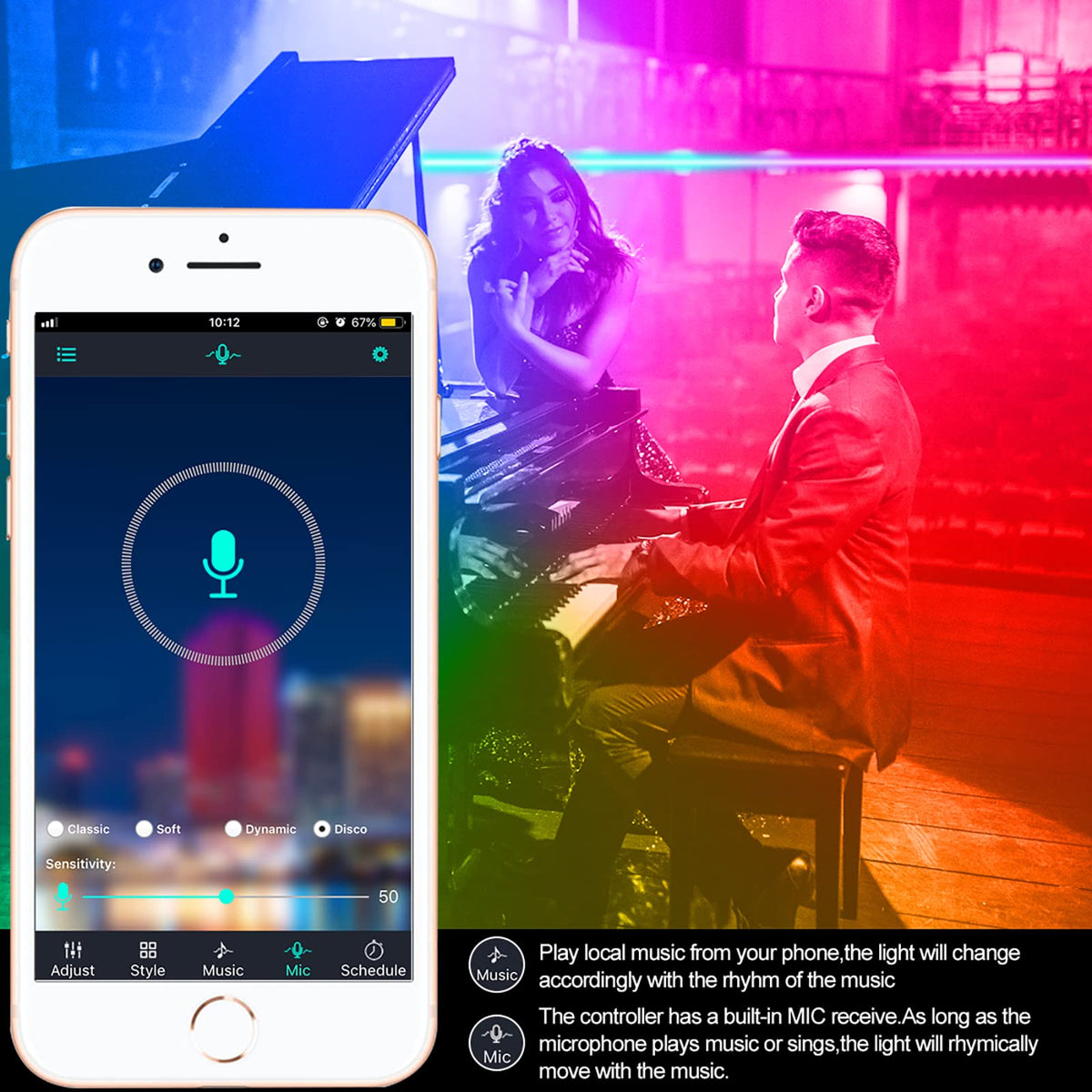 APSPOW LED strip controlled via Bluetooth app for custom colors and smart scheduling.