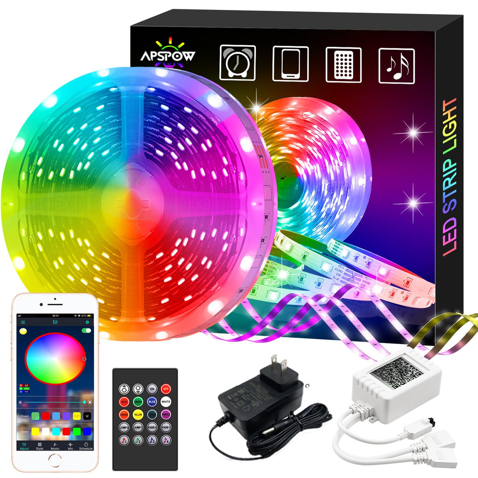 APSPOW LED strip lights 100ft multicolor setup for room ambiance and easy color control.