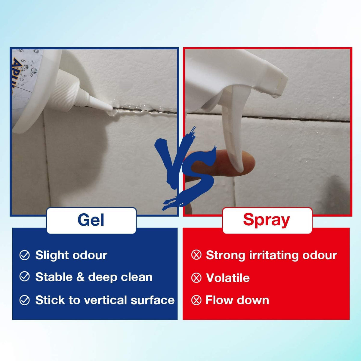 APULITO Cleaner Gel sticks to vertical shower walls for easy cleaning.