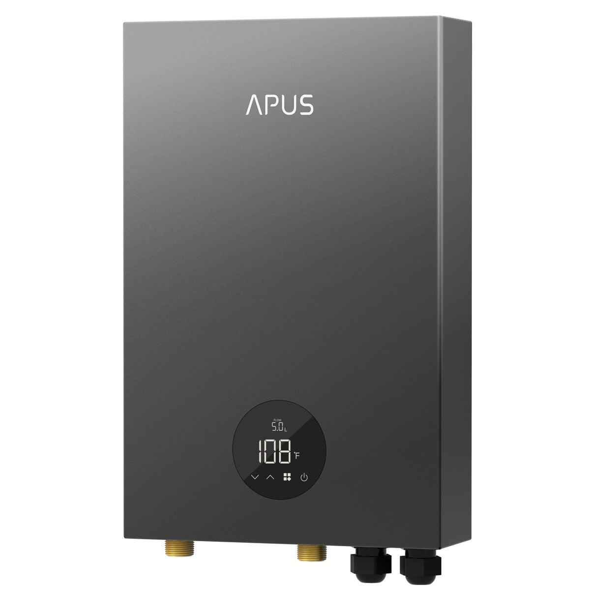 APUS 27kW tankless heater front view showing compact design and steady hot water delivery.