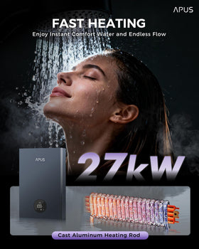 APUS LED display on tankless heater demonstrates precise temperature control for comfort.