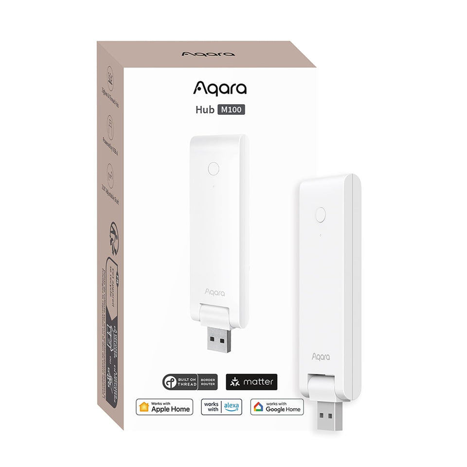Aaqara M100 hub front view showing compact design for discreet home placement.