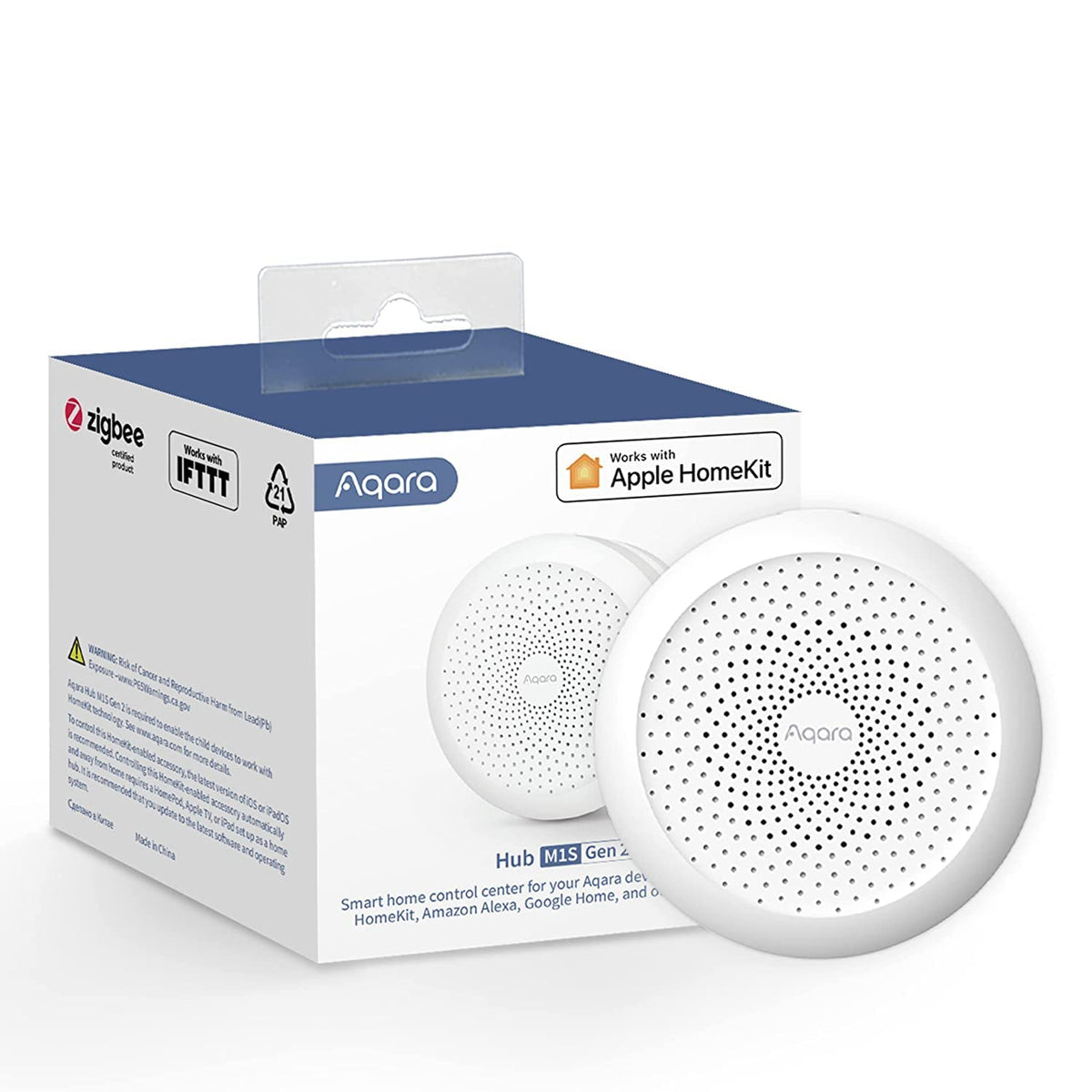 Aqara M1S Gen 2 front view shows compact hub for centralized smart home control.