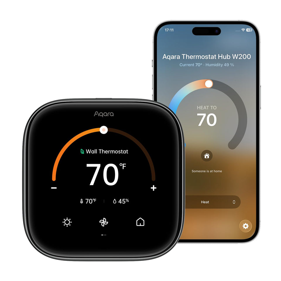 Aqara W200 thermostat with 4-inch touchscreen for quick room adjustments.