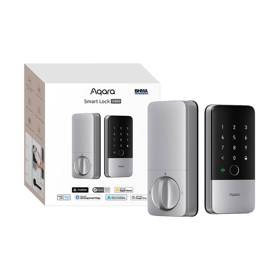 Aqara U400 door lock front view showing sleek silver body for secure keyless entry.