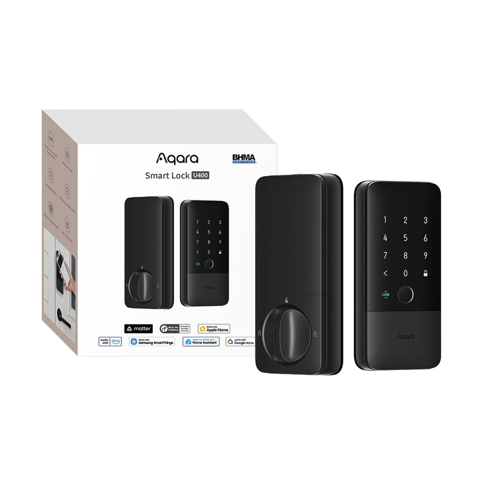Aqara U400 front view with sleek black finish and easy-access touchscreen.