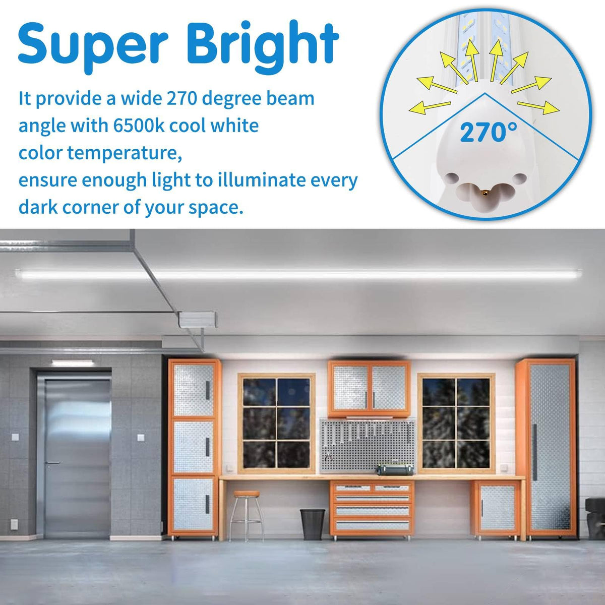 AQIQUUT LED shop lights linked in a four-unit setup for scalable coverage.