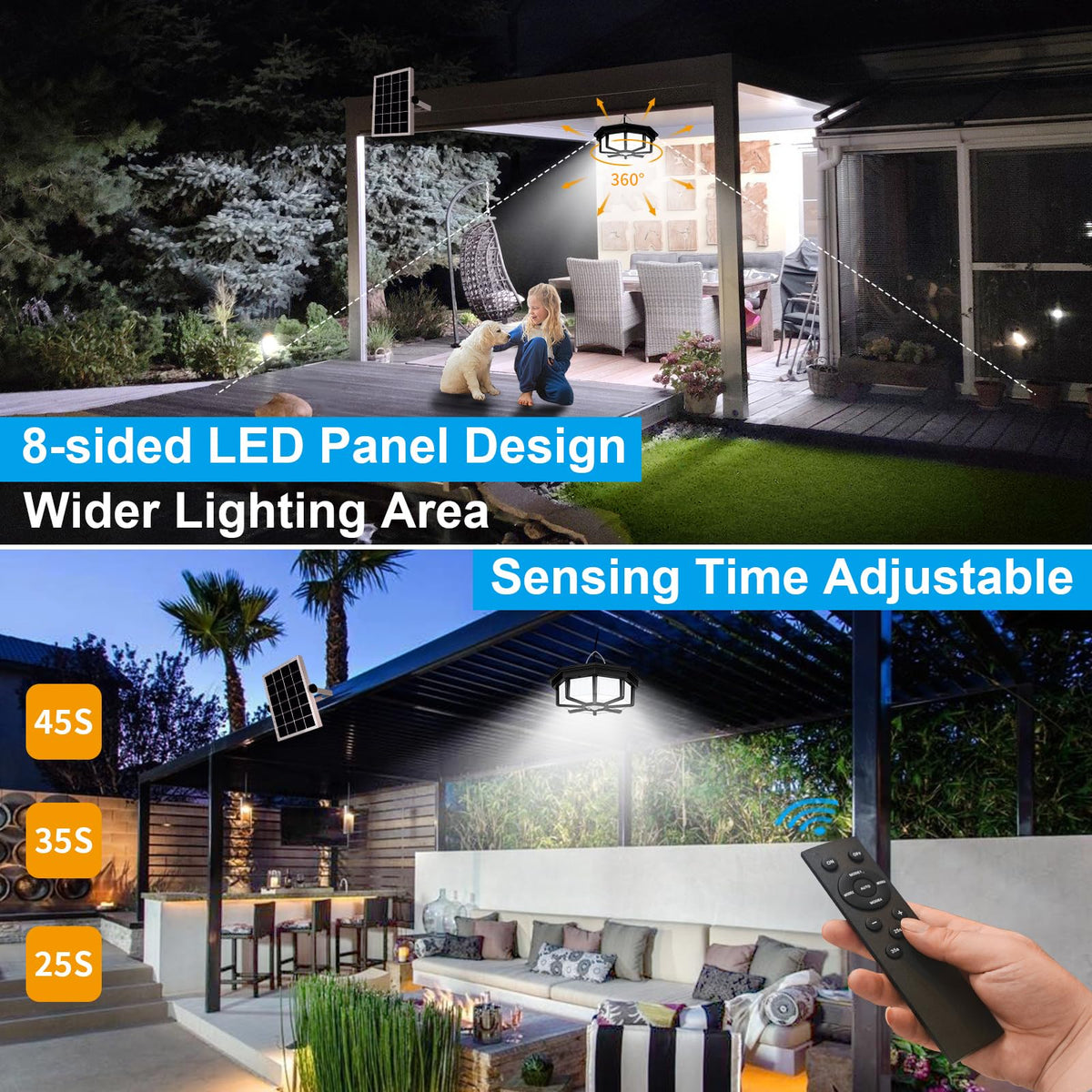 Aqonsie indoor/outdoor solar light suitable for shed, garage, or patio.