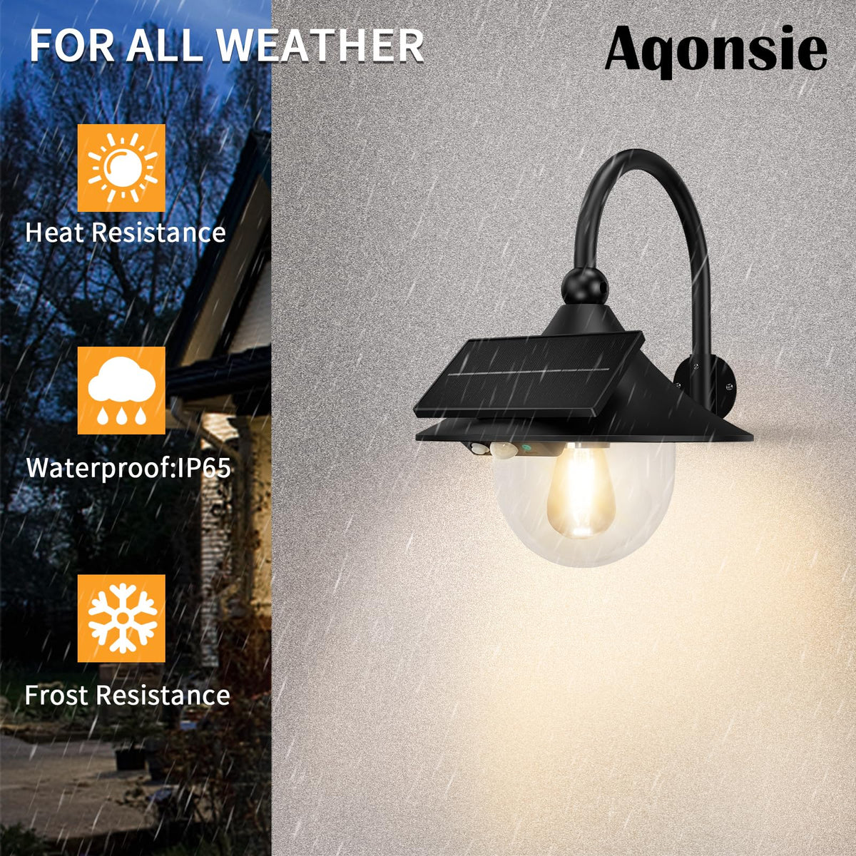 Aqonsie IP65 waterproof aluminum construction withstands rain and heat.