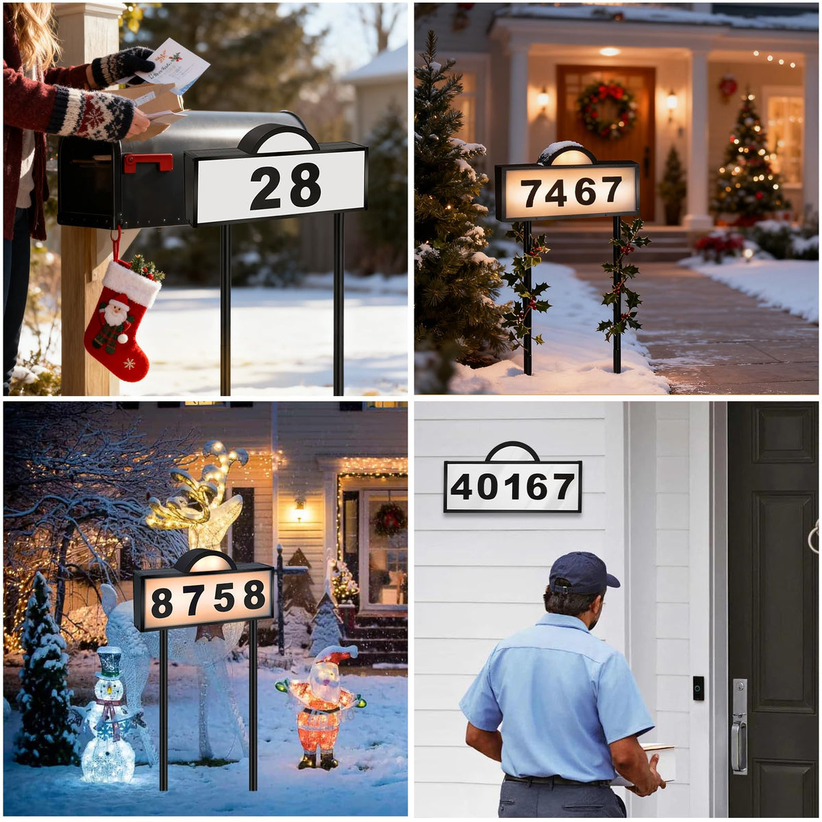Aqonsie address sign showing 3-color light for versatile visibility and mood.