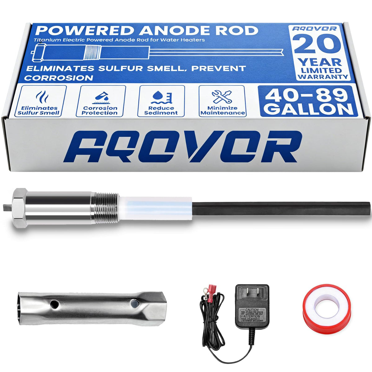 AQOVOR powered anode rod titanium top-installation view improves tank protection.