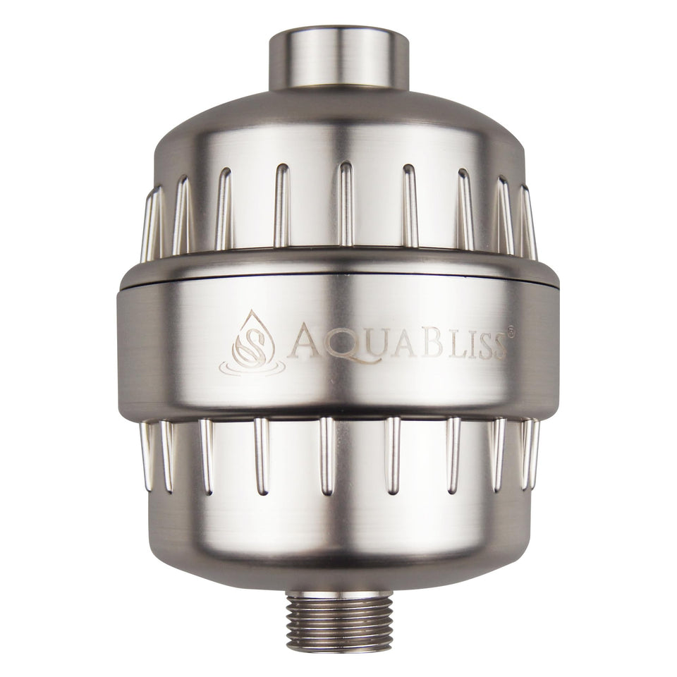 AquaBliss SF100-BN filter cartridge installed to reduce chlorine for healthier skin and hair.