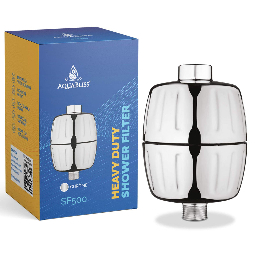 AquaBliss SF500 heavy-duty filter chrome improves water quality for smoother skin and hair.