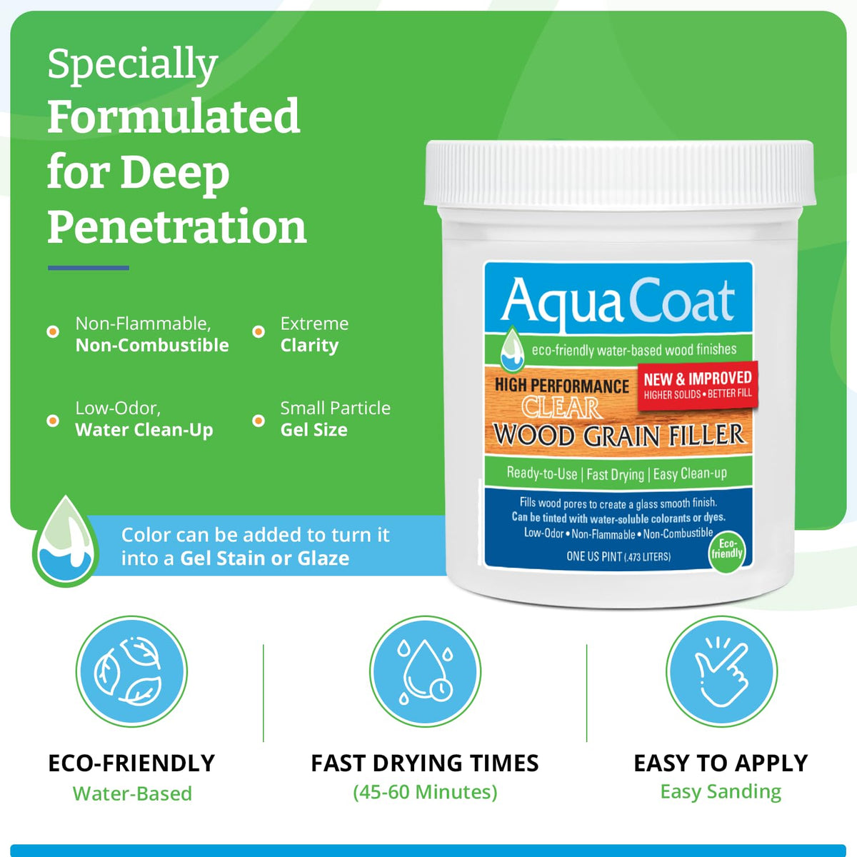 AquaCoat filler drying at 45-60 minutes on a wood surface.