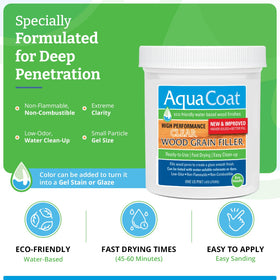 AquaCoat filler drying at 45-60 minutes on a wood surface.