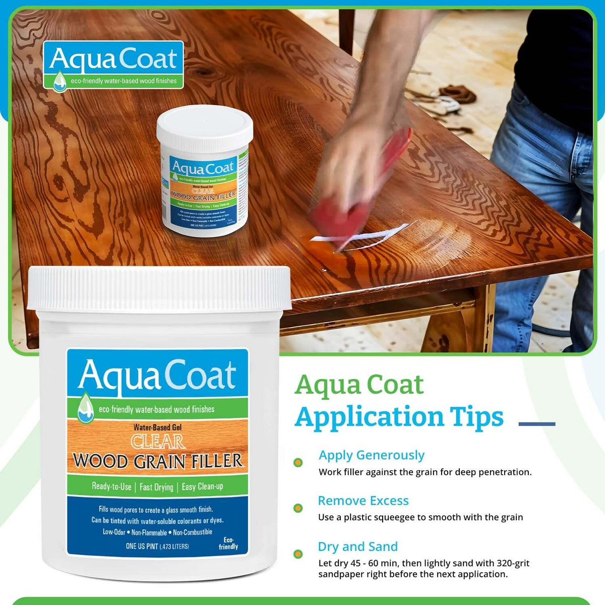 Aqua Coat Clear Wood Grain Filler Gel before-stain readiness for consistent results.