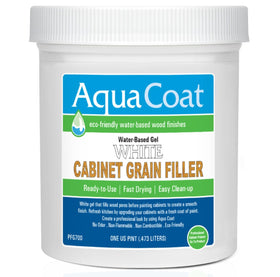 Aqua Coat White Grain Filler bottle pouring to prep a cabinet surface for staining or painting