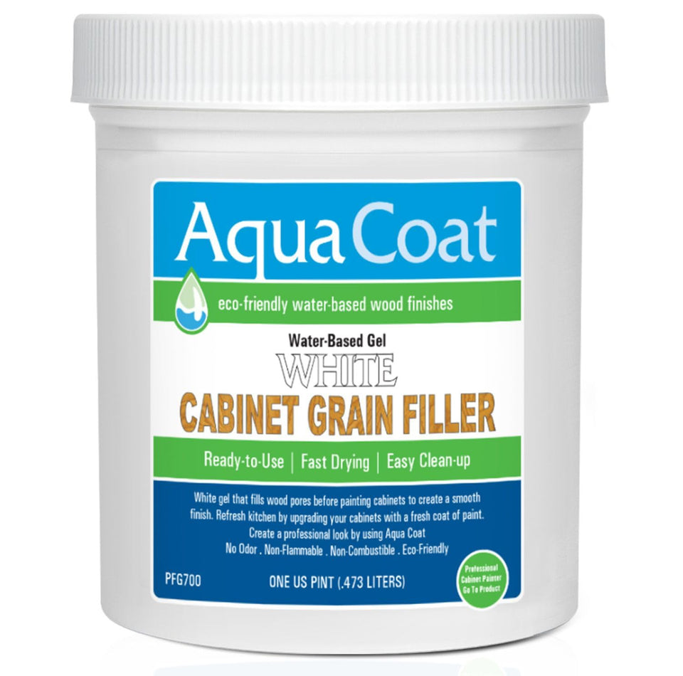 Aqua Coat White Grain Filler bottle pouring to prep a cabinet surface for staining or painting