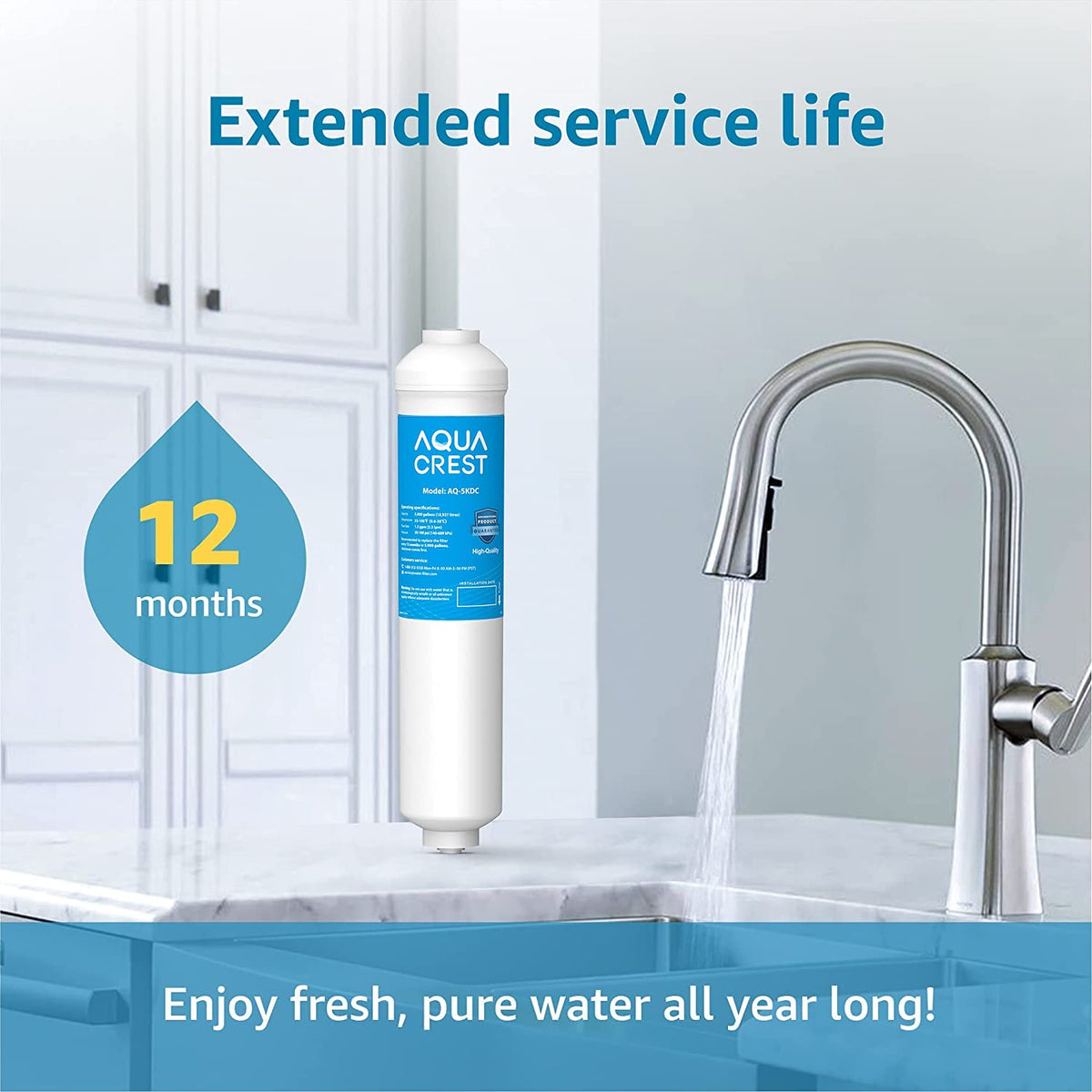 Aqua Crest 5KDC filtration assembly highlights compact plumbing for under-sink spaces.