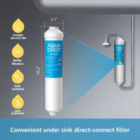 Aqua Crest 5KDC installation guide image showing a no-drill setup for kitchen use.
