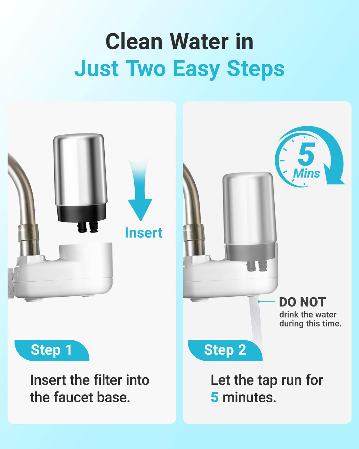 Faucet mounted filter attached to chrome faucet