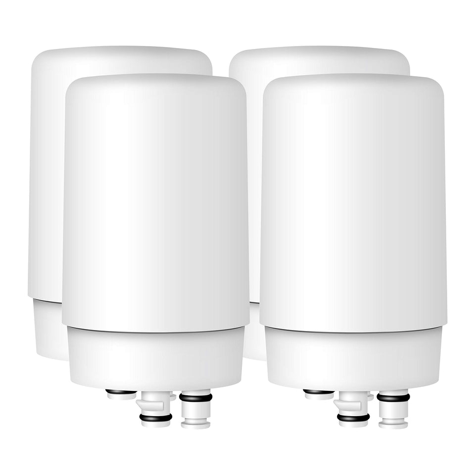 Aqua Crest 7027W faucet filter close-up showing compact design and chlorine reduction for crisper water