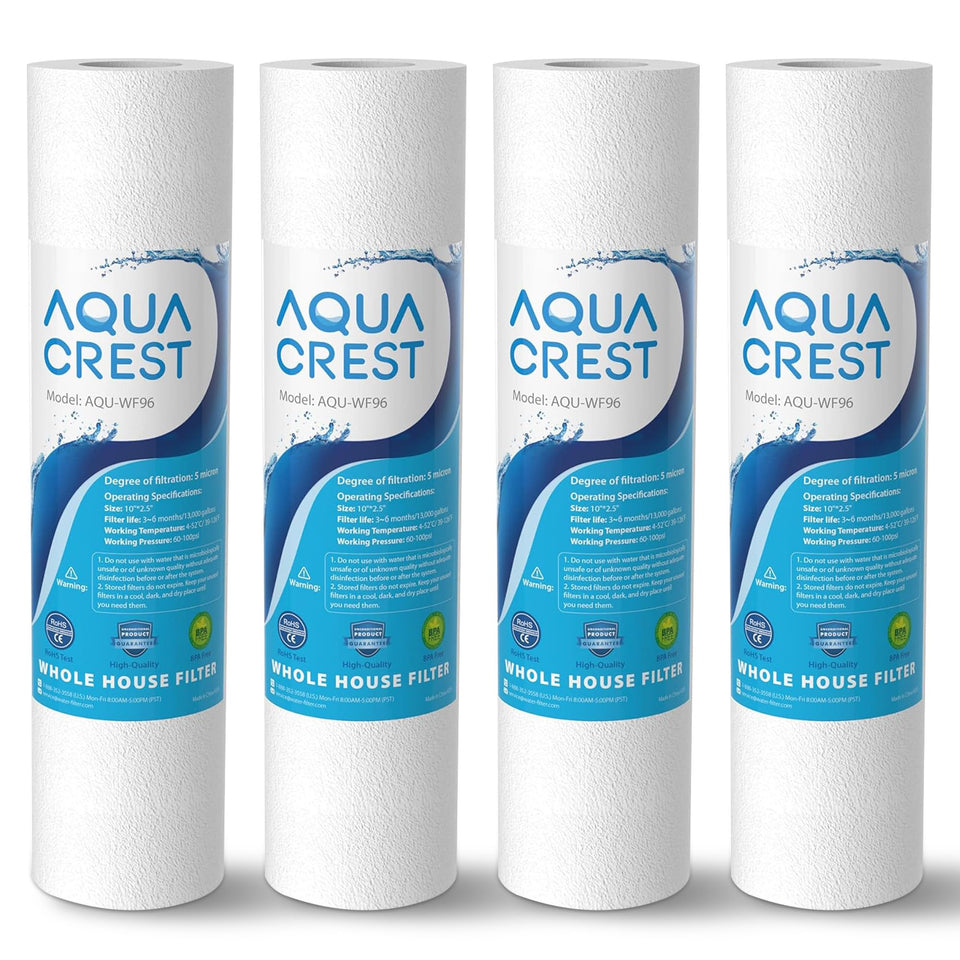 Aqua Crest AP110 packaging shows compatibility with 10 inch by 2.5 inch filters for easy upgrades.