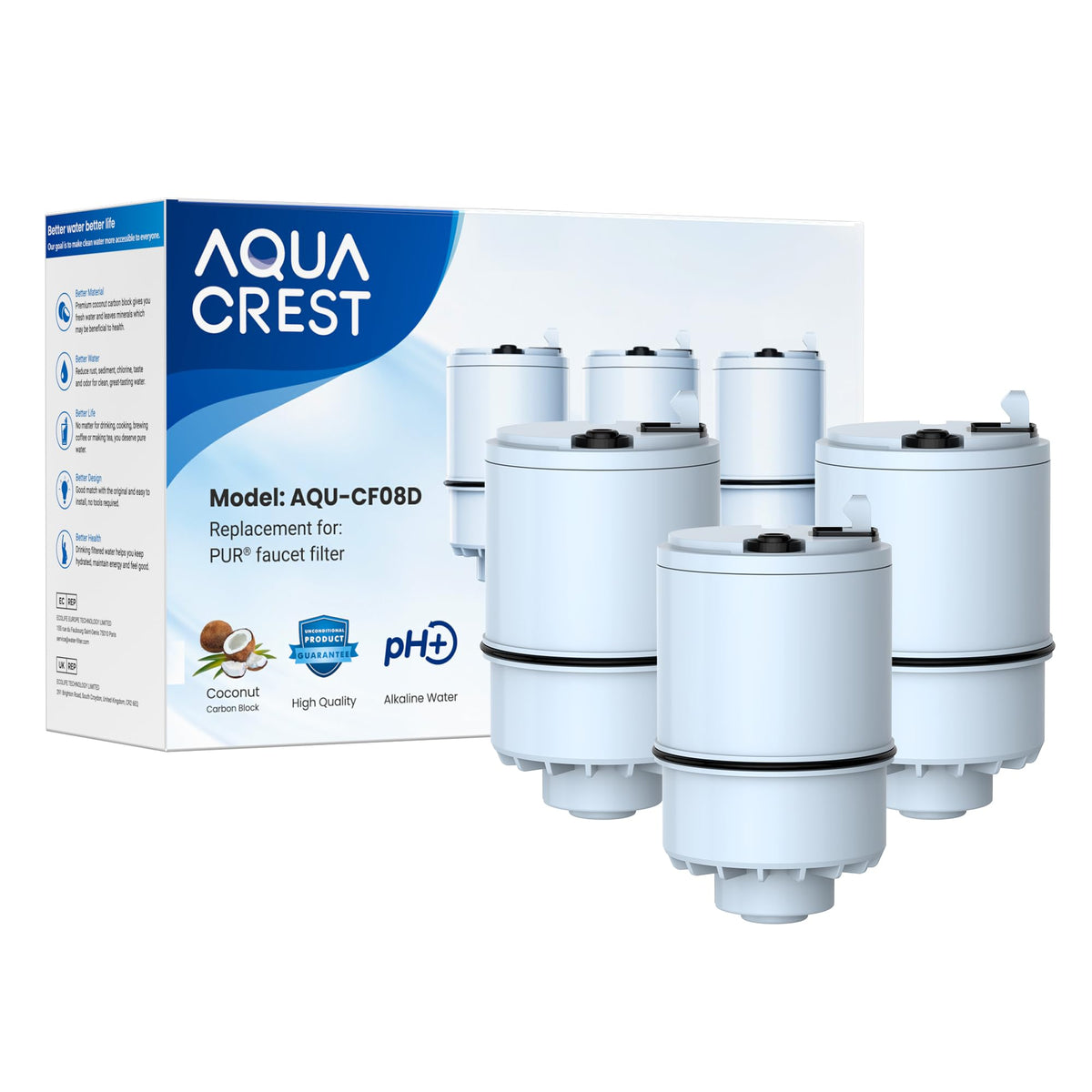 AQUA CREST CF08D alkaline filter packaging showing PUR Plus compatibility for easy faucet replacement.