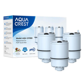 AQUA CREST CF08D alkaline filter packaging showing PUR Plus compatibility for easy faucet replacement.