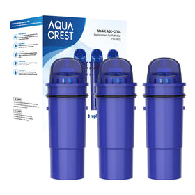 Aqua Crest CF10A filter-pack close-up highlights coconut shell carbon for clearer-tasting water.