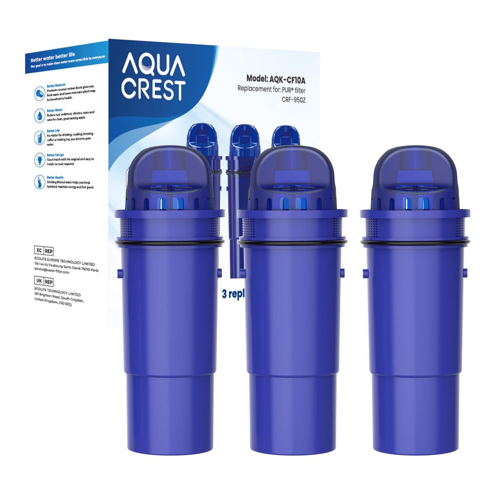 Aqua Crest CF10A filter-pack close-up highlights coconut shell carbon for clearer-tasting water.