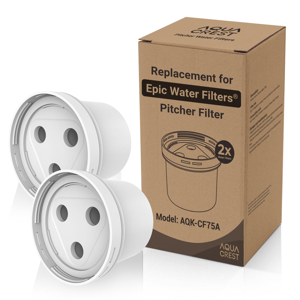 Aqua Crest CF75A filter showing compatibility with Epic Pure pitchers for easy replacement