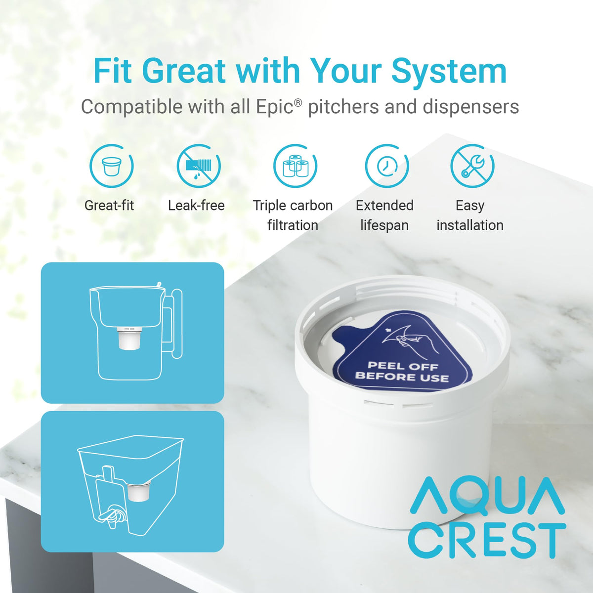 Aqua Crest CF75A triple-carbon filtration highlights chlorine and odor reduction