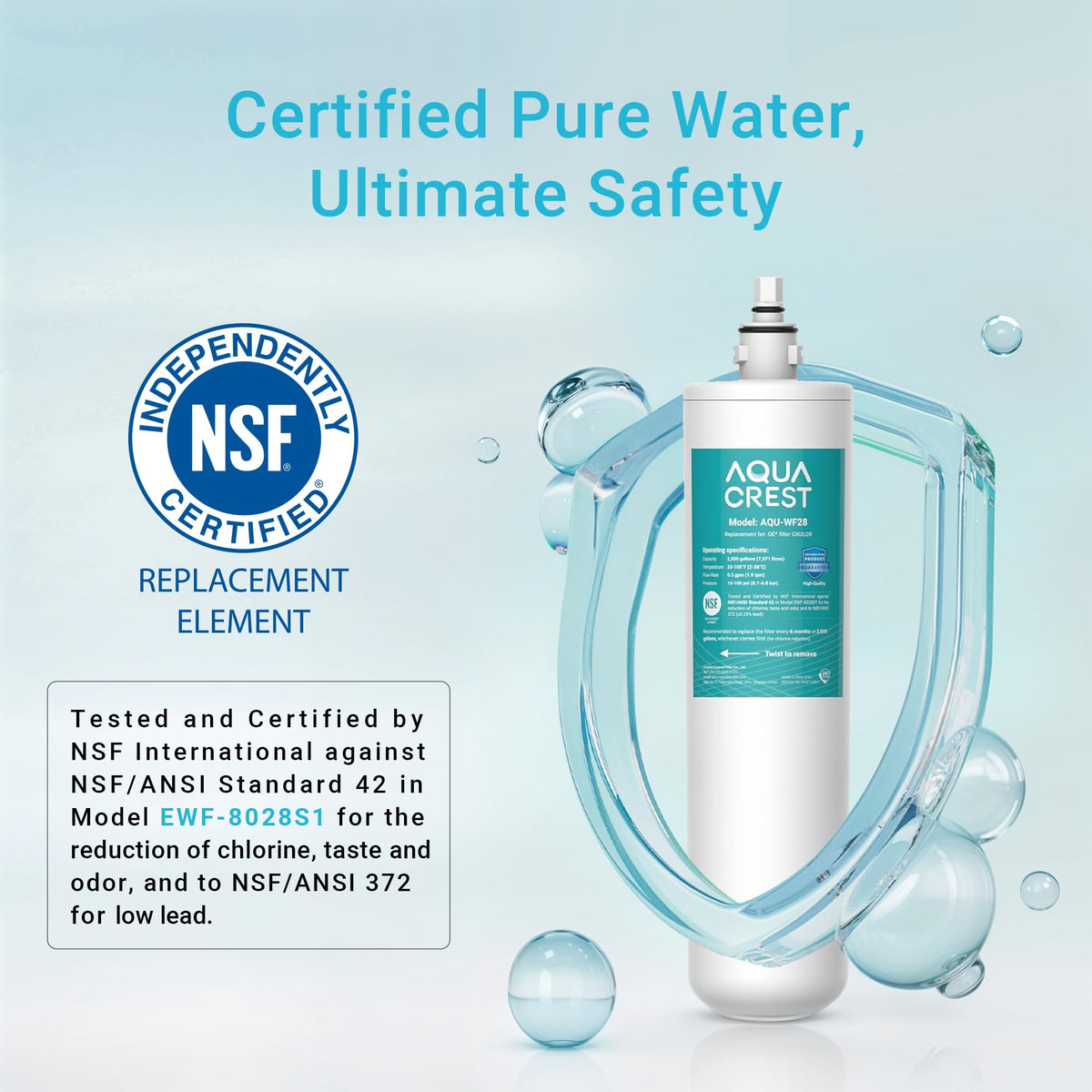 AQUA CREST coconut carbon block delivers chlorine reduction for fresher water.