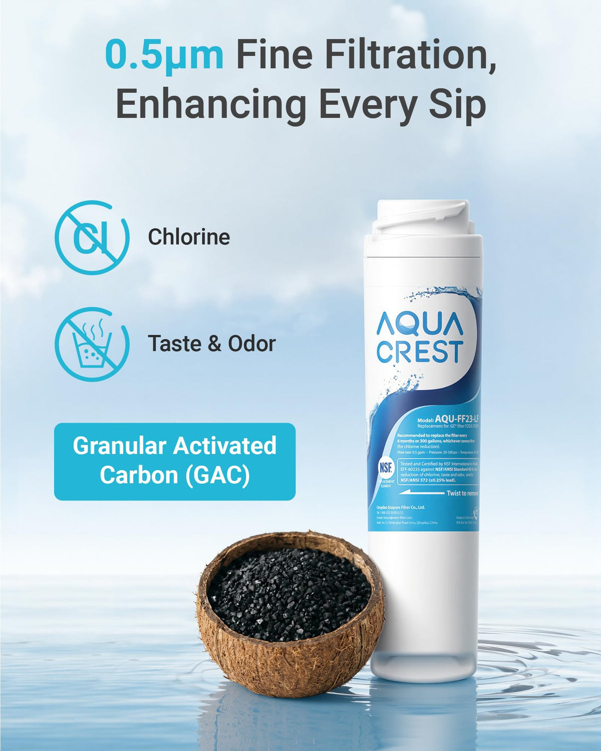 Durable AQUA CREST filter supports up to 300 gallons of water.