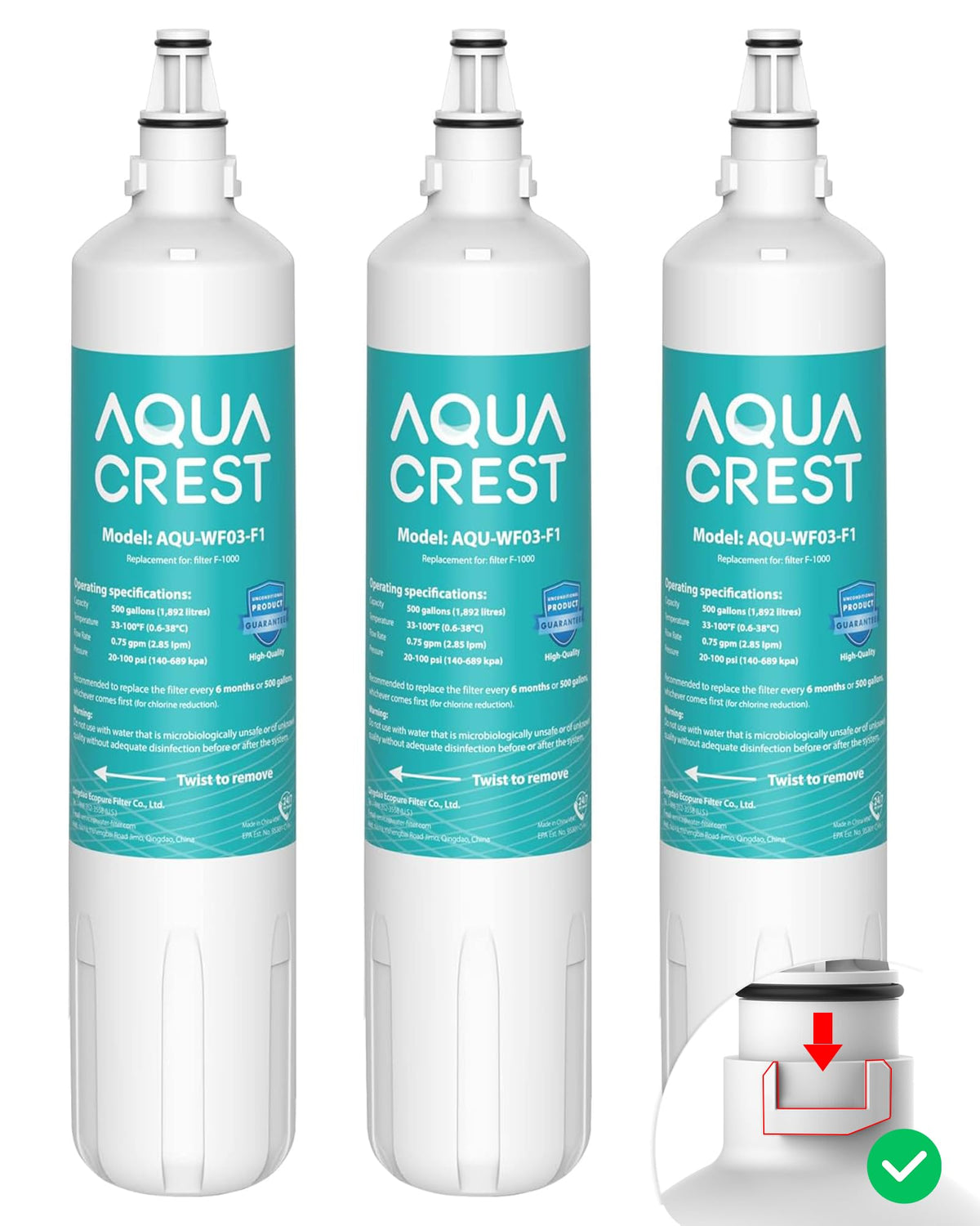 AQUA CREST F-1000 filter packaging highlights a cost-effective 3-pack option.