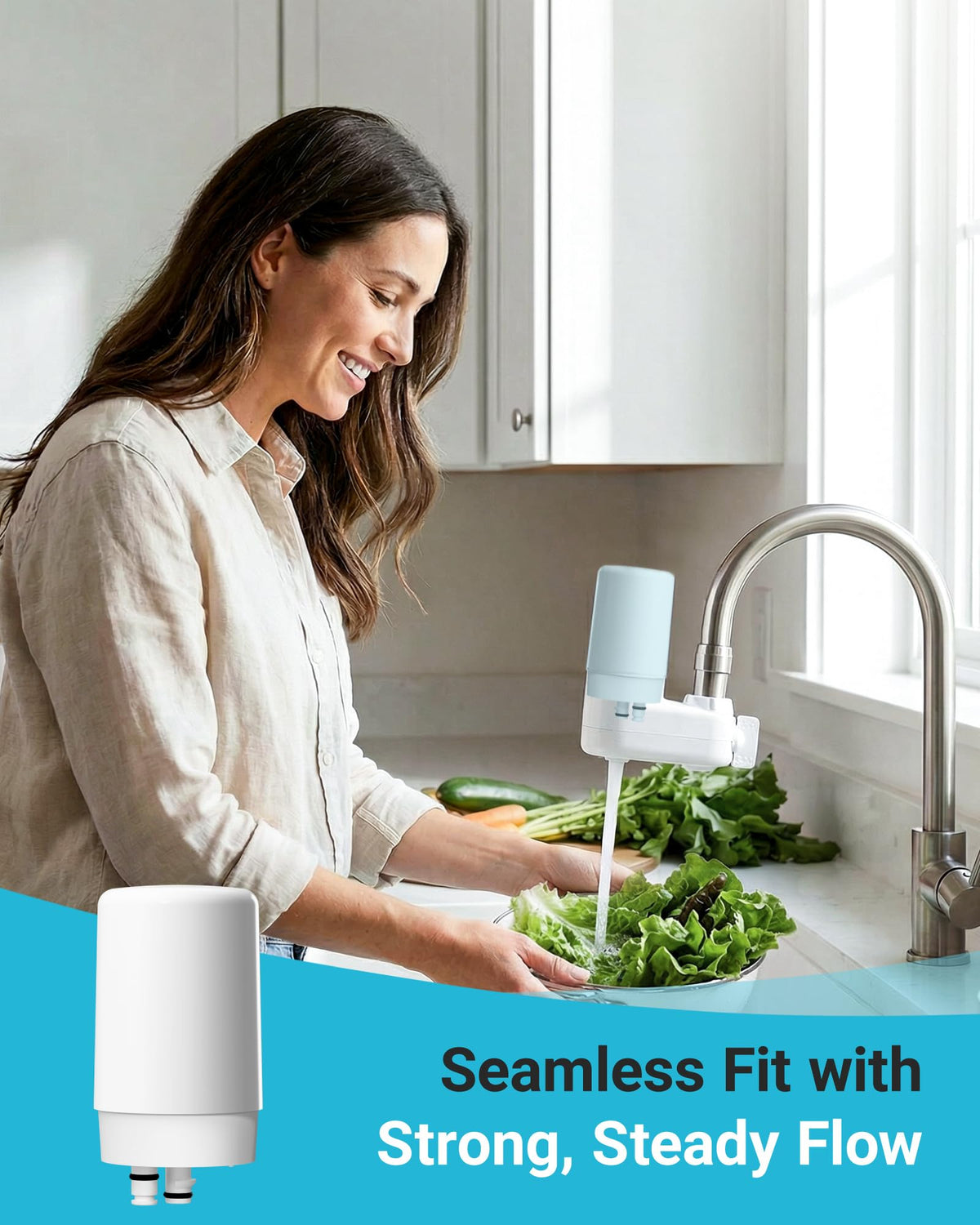 AQUA CREST installation on faucet tool-free replacement for convenience.