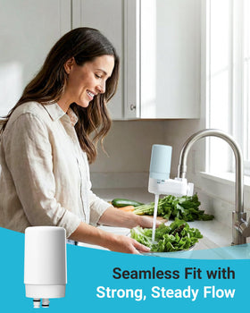 AQUA CREST installation on faucet tool-free replacement for convenience.