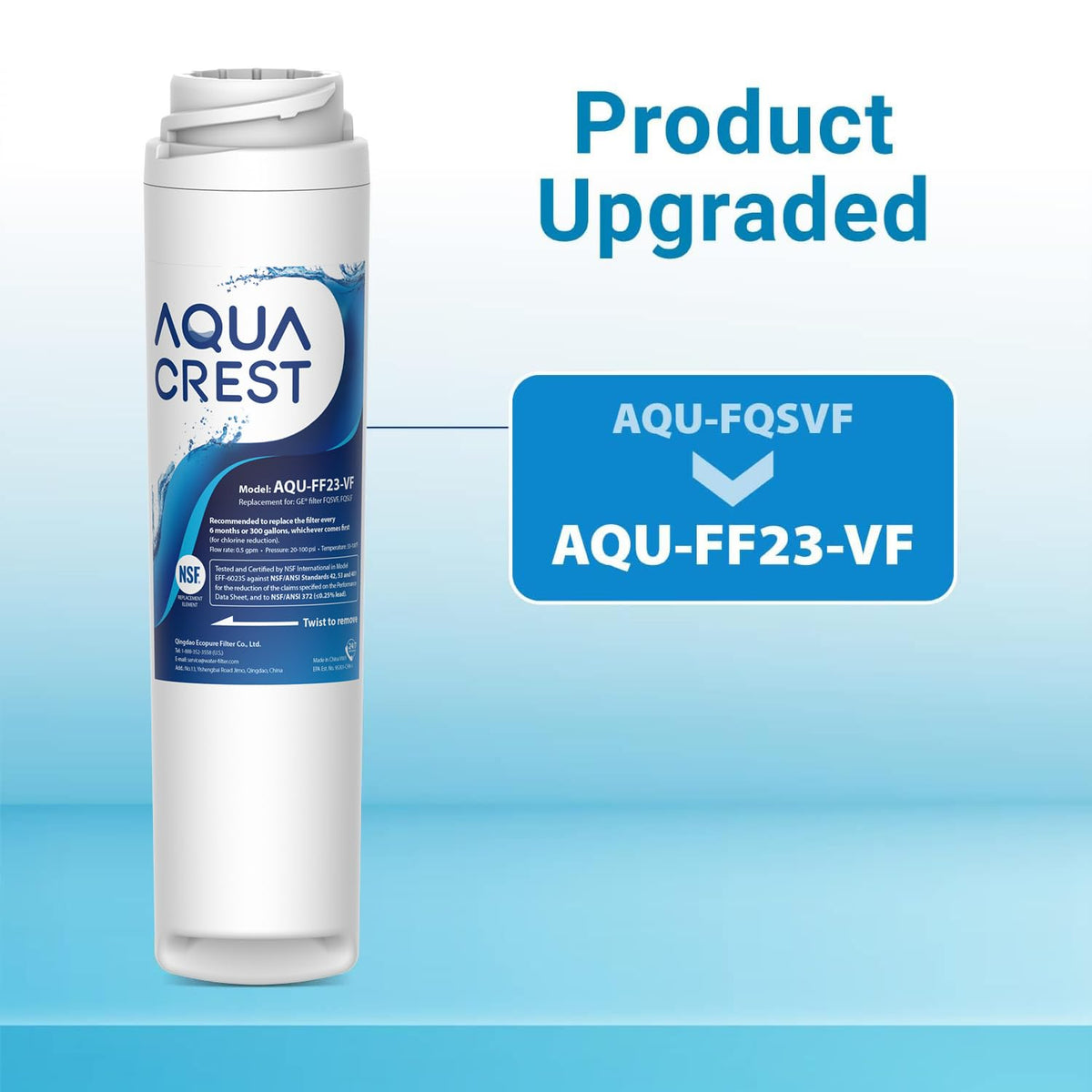 AQUA CREST filter detail showing NSF 42 certification label.