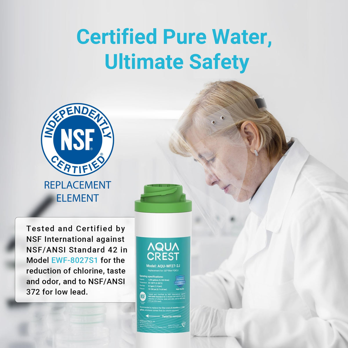Certification label showing NSF/ANSI 42 & 372 compliance for AQUA CREST FQK2J