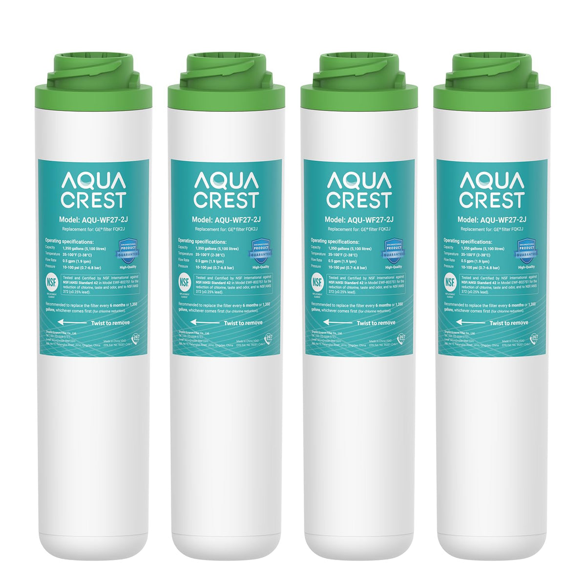 AQUA CREST FQK2J packaging shows a 4-pack for under-sink use
