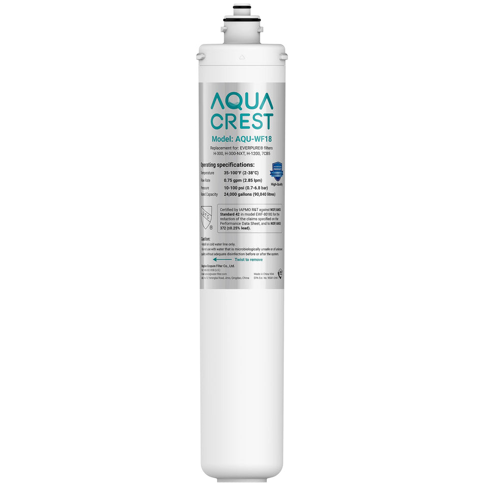AQUA CREST H-300 under-sink filter closeup shows compact design for tight spaces.