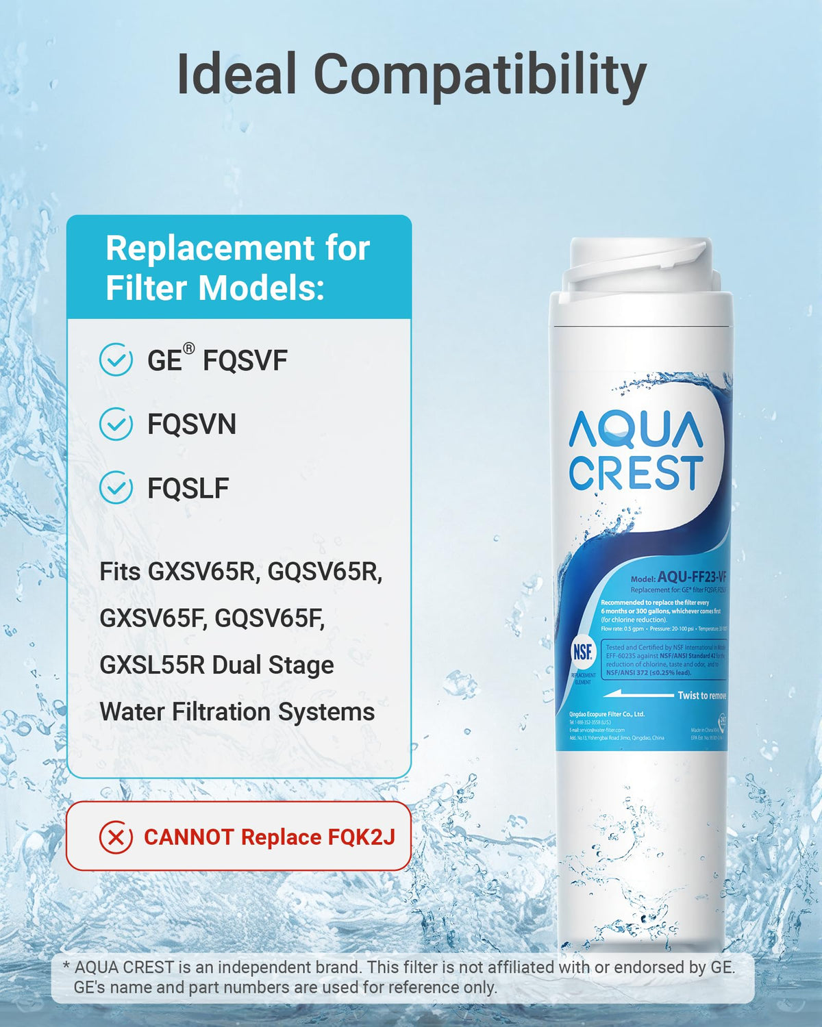 AQUA CREST filter uses lead-free material for safer drinking water
