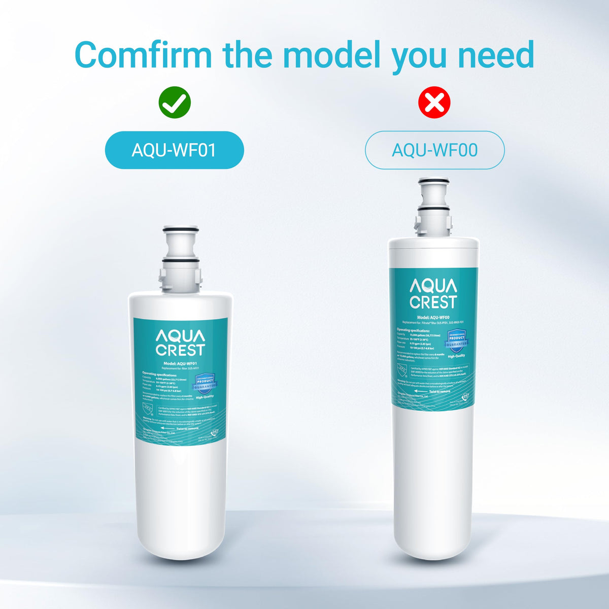 Aqua Crest WF01 installation guide showing cold-water valve setup.